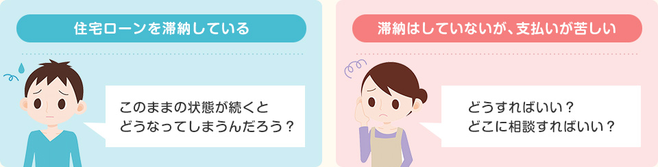 住宅ローンを滞納している このままの状態が続くとどうなってしまうんだろう？ 滞納はしていないが、支払いが苦しい どうすればいい？どこに相談すればいい？